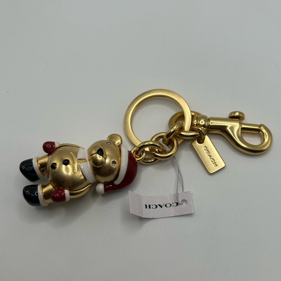 🎄🧸NWT COACH 3D Christmas Santa Teddy Bear Bag Charm Key Chain Ring Gold - Picture 7 of 7